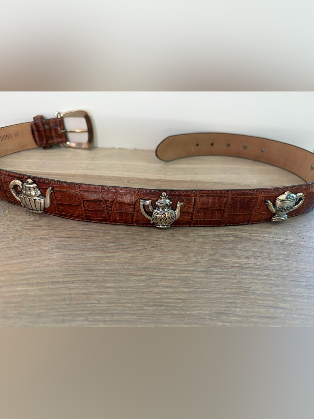 Talbots leather silver charm teapot belt made in USA cottage core vintage 95 - M